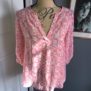 Collective Concepts Sheer V-Neck 3/4 Sleeve Pink/Ivory Blouse Size Medium
